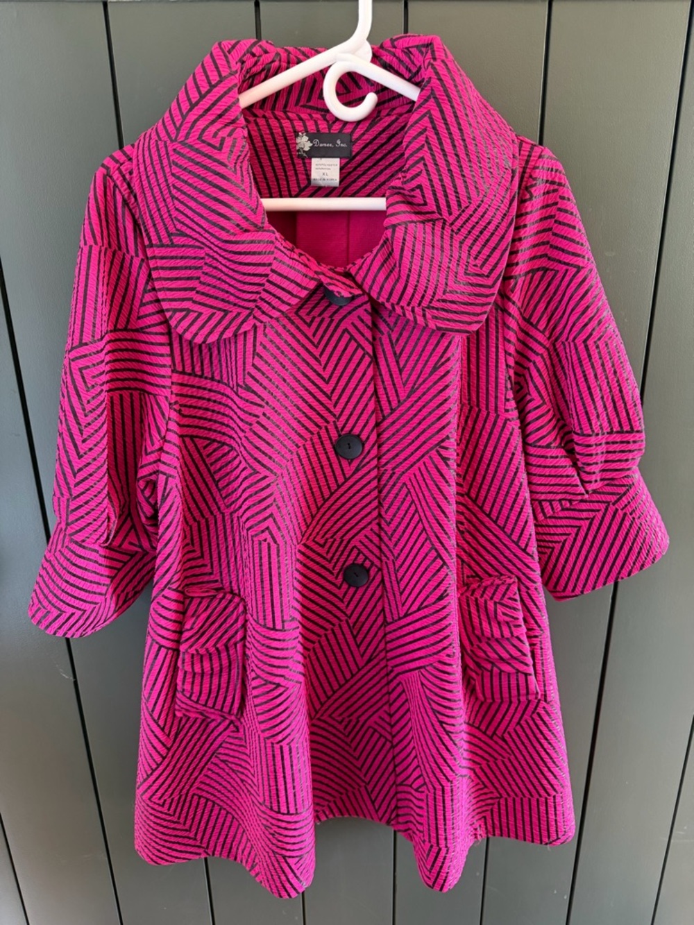 Damee, Inc. Geometric Button Jacket Hot Pink Black Coat Mid-Length Women's XL